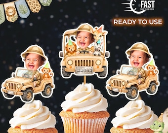 Personalized Safari Car Face Cupcake Toppers | Safari Truck Custom Photo Birthday Party Decoration