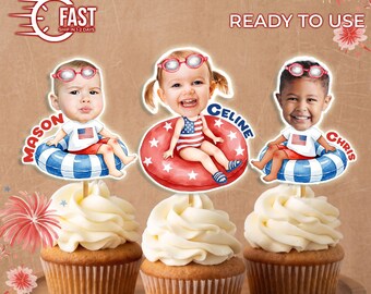 Personalized 4th July Face Cupcake Toppers Birthday | Custom Pool Party Photo Cupcake Topper | Pool Party Birthday