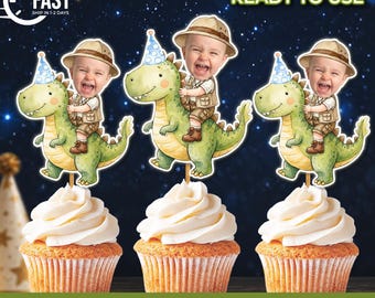Personalized Dinosaur Cupcake Toppers | Face Cupcake Toppers Birthday Party Decoration | T-Rex Birthday Party Decor