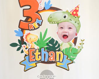 Personalized 3 Rex Dinosaur Photo Cake Topper – Custom Name Birthday Party Decor