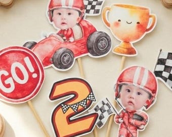 Personalized Race Car Cake Topper | TWO FAST Birthday Decor | Custom Photo Cupcake Topper