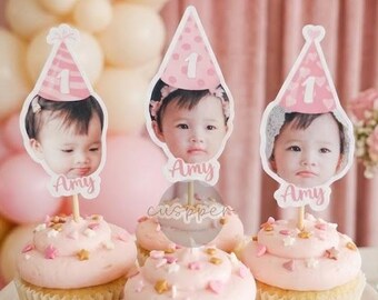 Set Of 12 | Custom Face with Birthday Hat Cupcake Toppers, Personalized Photo Cupcake Topper | Pink Birthday Party Decor
