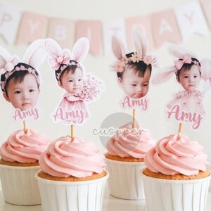 Custom Face Cupcake Toppers, Personalized Photo Cake Picks, Bunny Party Decor (Set of 4)