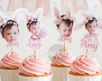 Custom Face Cupcake Toppers, Personalized Photo Cake Picks, Bunny Party Decor (Set of 4)