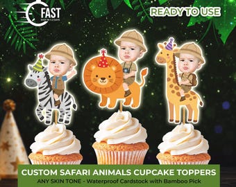 Personalized Safari Animals Cupcake Toppers | Custom Photo Birthday Party Decoration