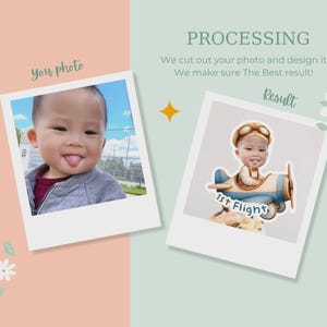 Peut inclure: Publicit&eacute; pour un service de traitement de photos. L'image montre deux photos de style polaroid. L'une pr&eacute;sente un enfant tirant la langue, avec la mention "you photo". L'autre montre l'enfant en pilote de dessin anim&eacute;, avec la mention "Result".