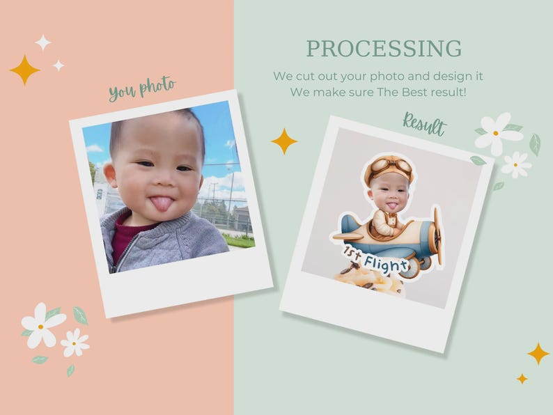 Peut inclure: Publicit&eacute; pour un service de traitement de photos. L'image montre deux photos de style polaroid. L'une pr&eacute;sente un enfant tirant la langue, avec la mention "you photo". L'autre montre l'enfant en pilote de dessin anim&eacute;, avec la mention "Result".
