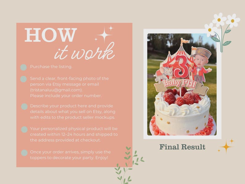 Peut inclure: Un g&acirc;teau blanc glac&eacute; avec des baies rouges et des paillettes dor&eacute;es, surmont&eacute; d'un cake topper sur le th&egrave;me du cirque. Le cake topper pr&eacute;sente le chiffre 3, une figurine de b&eacute;b&eacute; et le texte "Baby PHI". L'image comprend &eacute;galement le texte "HOW it work" et "Final Result".