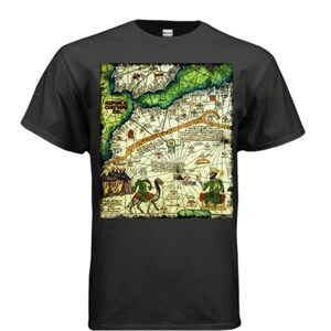 May include: Black t-shirt featuring a vintage map design with green, yellow, and brown tones. The map includes illustrations of people and animals. The text "REPUBLIC CLOTHING CO." is visible on the upper left corner of the map.