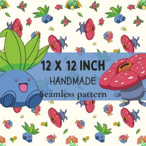 Puede incluir: Un patrón sin costuras con criaturas azules de hojas verdes y criaturas florales con puntos rojos sobre fondo crema. El texto dice 12 X 12 INCH HANDMADE Seamless pattern. El diseño incluye pequeños iconos de piña amarilla y flores rosas.