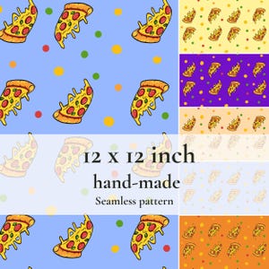 Puede incluir: Un patrón sin costuras hecho a mano de 30,48 x 30,48 cm con rebanadas de pizza de dibujos animados con pepperoni y queso sobre un fondo azul con lunares de colores. Se muestran variaciones de color adicionales.