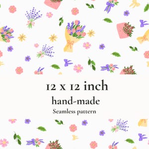 Puede incluir: Un patrón sin costuras hecho a mano con ramos de lavanda, tulipanes y otras flores, junto con sobres rosas y lazos. El patrón mide 30,5 x 30,5 cm.