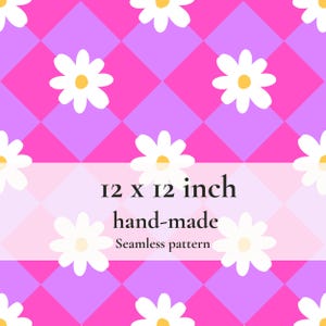 Pink Daisy Argyle Seamless Pattern, Cute Valentine Floral Background, Girly Checkered Flower Digital Paper, Valentine Seamless Repeat