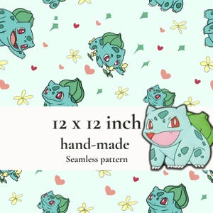 Bulbasaur Floral Seamless Pattern, Cute Grass Pokémon Digital Paper, Kawaii Mint Garden Fabric Design, Whimsical Repeat Pattern JPG