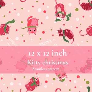Puede incluir: Patrón sin costuras con gatos rosas con bufandas verdes y gorros de Papá Noel blancos, sobre un fondo rosa claro con lunares rojos y blancos. Se muestra el texto "12 x 12 inch Kitty christmas Seamless pattern".