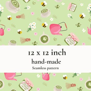 Puede incluir: Un patrón sin costuras sobre un fondo verde claro con elementos de té matcha. El diseño incluye tazas de té, batidores, teteras rosas, polvo de matcha, abejas y flores. El texto dice "12 x 12 pulgadas hecho a mano Patrón sin costuras".