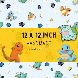Puede incluir: Un patrón sin costuras con personajes de dibujos animados, bayas y estrellas sobre un fondo azul claro. El texto dice "12 x 12 inch Handmade Seamless pattern". El diseño incluye personajes naranjas, azules y verdes.