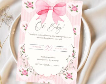 Vintage Dusty Pink Bow Floral Toile Baby Shower Invitation Template, Elegant Chinoiserie Coquette Bow, Cottagecore, Edit in Canva