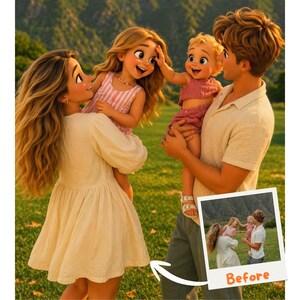 May include: A digitally enhanced family portrait shows a mother and father holding two young children. The mother wears a cream-colored dress, while the father is in a light-colored shirt. The children are in pink outfits. A smaller photo in the corner says "Before".