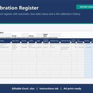 May include: A digital Calibration Register spreadsheet template featuring columns for equipment ID, description, serial number, location, range, accuracy, calibration type, provider, interval, dates, and status. The document includes text headers.