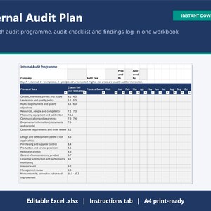 May include: An Internal Audit Plan workbook featuring a 12-month audit programme, checklist, and findings log. The document includes a table with columns for process, clause reference, risk, and months from January to October in a grid format.