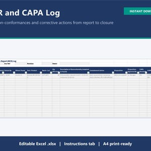 May include: A digital spreadsheet template titled NCR and CAPA Log with columns for tracking non-conformances and corrective actions. The table includes headers like NCR No, Date Raised, Raised By, Part/Product, and Status, with sample data included.