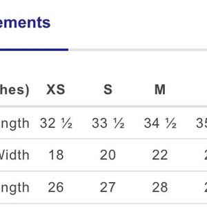 May include: A chart titled "Measurements" displays garment sizing in inches. Sleeve lengths range from 32 1/2 to 36 1/2 inches. Body widths are 18 to 26 inches, and body lengths are 26 to 30 inches.