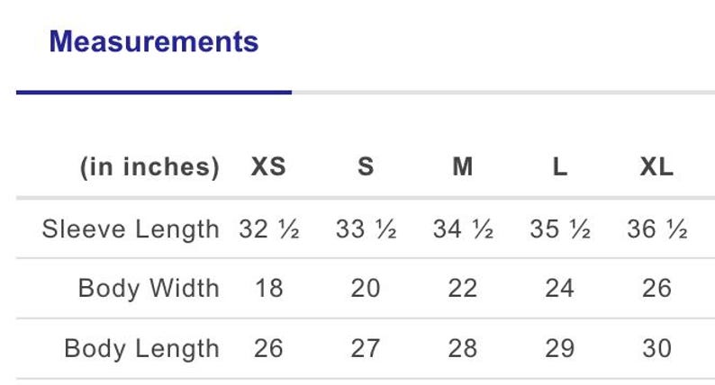 May include: A chart titled "Measurements" displays garment sizing in inches. Sleeve lengths range from 32 1/2 to 36 1/2 inches. Body widths are 18 to 26 inches, and body lengths are 26 to 30 inches.