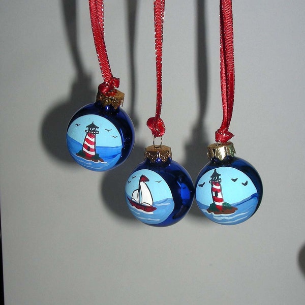 Hand-Painted Nautical Mini Christmas Ornaments Lot of 3 - Lighthouse, Sailboat Themes