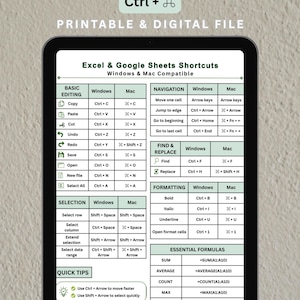 Könnte beinhalten: Ein digitales Excel-Shortcut-Cheat-Sheet für Windows und Mac mit Google Sheets-Shortcuts. Die druckbare Datei enthält grundlegende Bearbeitung, Navigation, Suchen & Ersetzen, Formatierung, Auswahl und wichtige Formeln. Das Tablet zeigt Quick-Tipps.