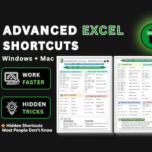 May include: A black graphic with the words "ADVANCED EXCEL SHORTCUTS" and "Windows + Mac". Two pages of Excel shortcuts are displayed, with sections on navigation, selection techniques, and formatting. The image also includes the text "WORK FASTER" and "HIDDEN TRICKS".