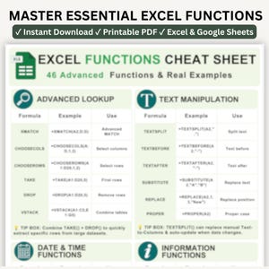 May include: A digital cheat sheet titled MASTER ESSENTIAL EXCEL FUNCTIONS, featuring a table of 46 advanced functions and real examples. The document includes sections for Advanced Lookup and Text Manipulation with formulas, examples, and usage descriptions.