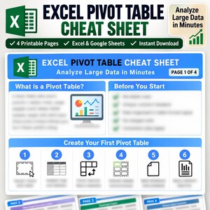 May include: An Excel Pivot Table cheat sheet document featuring four printable pages. The blue and white layout includes sections titled What is a Pivot Table, Before You Start, and Create Your First Pivot Table with numbered icons and charts.