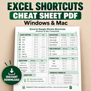 Hoja de trucos de atajos de Excel en PDF / Atajos de teclado para Windows y Mac / Atajos de Excel imprimibles / Hoja de trucos de Google Sheets