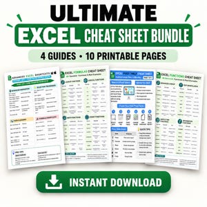 Peut inclure: Un ensemble numérique intitulé Ultimate Excel Cheat Sheet Bundle comprenant 4 guides et 10 pages imprimables. Les documents incluent Advanced Excel Shortcuts, Excel Formulas Cheat Sheet, Excel Pivot Table Cheat Sheet et Excel Functions Cheat Sheet.