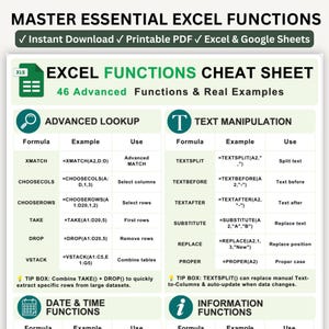Op de afbeelding: Een digitaal spiekbriefje getiteld MASTER ESSENTIAL EXCEL FUNCTIONS, met een tabel van 46 geavanceerde functies en praktijkvoorbeelden. Het bevat secties voor geavanceerde opzoekfuncties en tekstmanipulatie met formules zoals XMATCH en TEXTSPLIT.