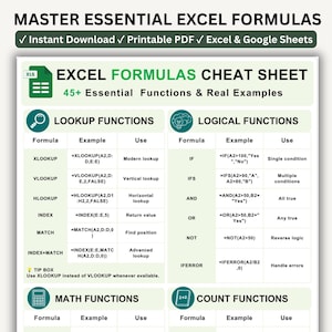 May include: A digital Excel formulas cheat sheet featuring a green and white color scheme. The document lists various functions including lookup, logical, math, and count functions with specific examples and use cases for each formula provided.