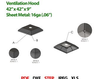 Projeto de coifa de ventilação (42″ x 42″ x 9″) Arquivos DXF e STEP