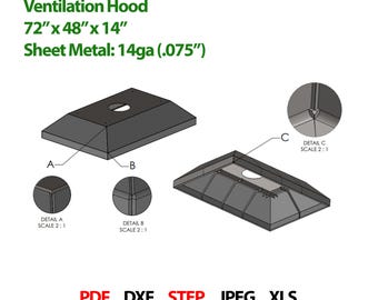Projeto de coifa de ventilação reforçada 72″ x 48″ x 14″ Arquivos DXF e STEP + Instruções de dobra e soldagem