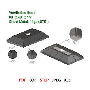 Puede incluir: Diagrama esquemático de una campana extractora gris. La campana mide 203 cm x 122 cm x 36 cm. Chapa de acero de 14ga (.075"). Las vistas de detalle A, B y C muestran detalles de construcción. Formatos de archivo: PDF, DXF, STEP, JPEG, XLS.