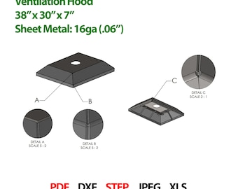Projeto de coifa de ventilação reforçada, dimensões 38″ x 30″ x 7″, arquivos DXF e STEP + instruções de dobra e soldagem.