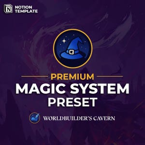 May include: A dark purple graphic with a blue wizard hat icon in a gold circle. Text reads "PREMIUM MAGIC SYSTEM PRESET" and "WORLD BUILDER'S CAVERN". The Notion Template logo is in the top left corner. The overall theme is fantasy.