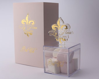 Clear Acrylic Favor Box with Gold Foil – Personalized Wedding Keepsake