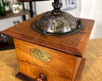 Antique Peugeot Frères Coffee Grinder France c.1900 | Vintage Wooden & Cast Iron Mill | Farmhouse Kitchen Decor