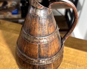 Antique French Wooden Cider Jug – Rustic Normandy Farmhouse Pitcher with Iron Handle – Primitive French Country Kitchen Decor