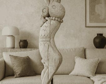 Antique Indian Architectural Wood Sculpture | Hand-Carved Mythical Figure on Iron Stand | Tribal Art | Wabi-Sabi Home Decor
