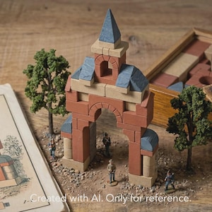 Pode incluir: Um arco de tijolo em miniatura com uma torre de telhado azul, rodeado por pequenas árvores e figuras. Uma caixa de madeira com blocos e uma ilustração vintage estão no fundo. O texto "Created with AI. Only for reference." está na parte inferior.