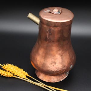 May include: A copper-colored vintage tea kettle with a spout and a lid. The kettle has a bulbous body and a round base. A few stalks of wheat are in the foreground. The background is a dark color.