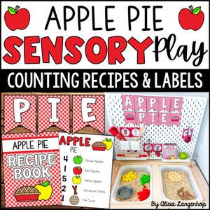 May include: A sensory play set with the words "APPLE PIE SENSORY Play" in red letters. The set includes a recipe book, labels, and counting activities. The image features a wooden tray with sensory materials and miniature cooking tools.