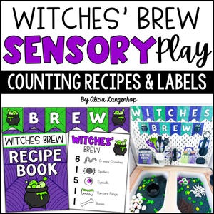 May include: A Witches' Brew sensory play set featuring counting recipes and labels. The kit includes a recipe book, a banner, and a pegboard display with various small plastic items like spiders, eyeballs, and bones for interactive play.